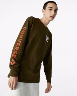 Converse Wordmark Long Sleeve Férfi Pólók Olivazöld | CJHYZDB-HU